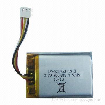 Li-polymer, 3.7V, 950mAh, 1S1P, Cell 523450P, with PCM and NTC, Lead Outer Wires and Connector